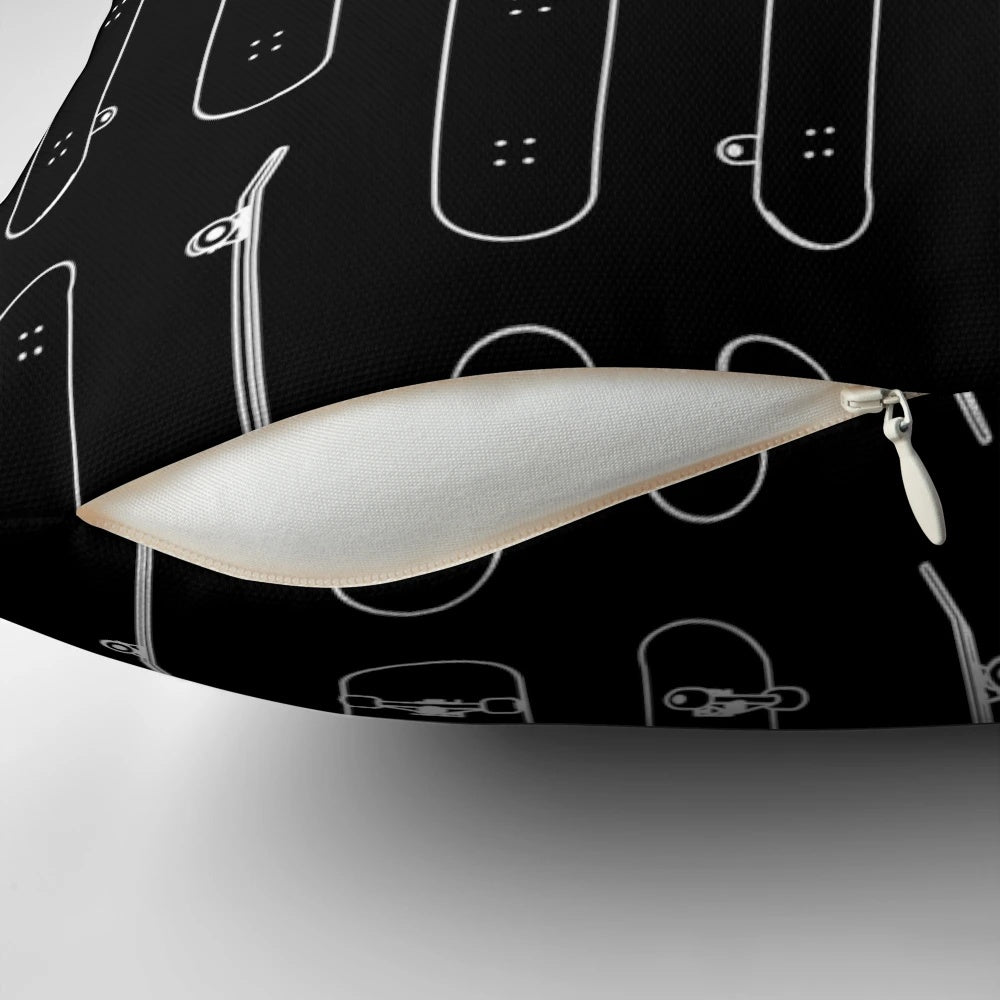 A modern, minimalist throw pillow featuring a white line art design inspired by skateboards.