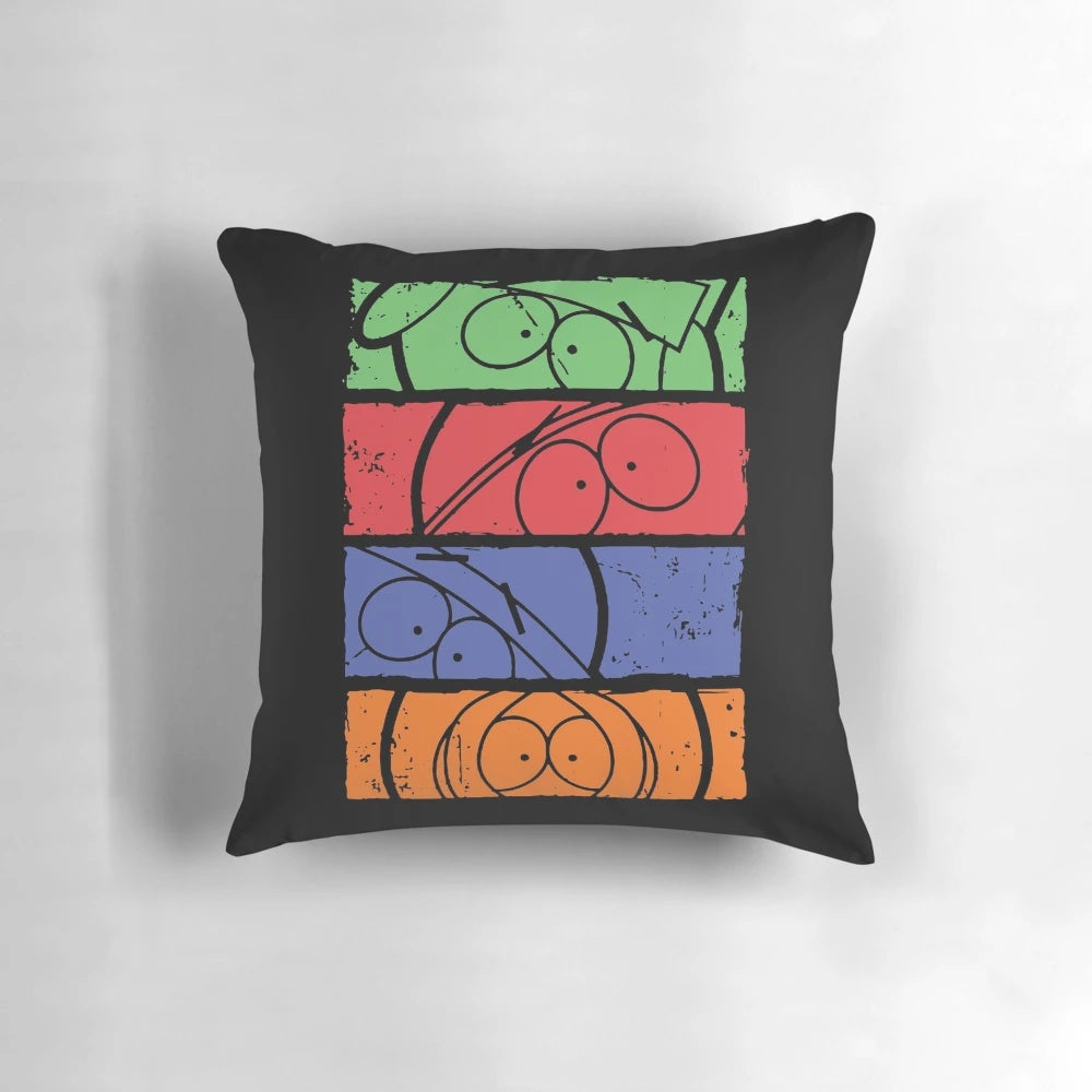 Minimalist South Park Characters Pillow with Iconic Cartoon Faces of Eric Cartman, Kyle Broflovski, Kenny McCormick, and Stan Marsh