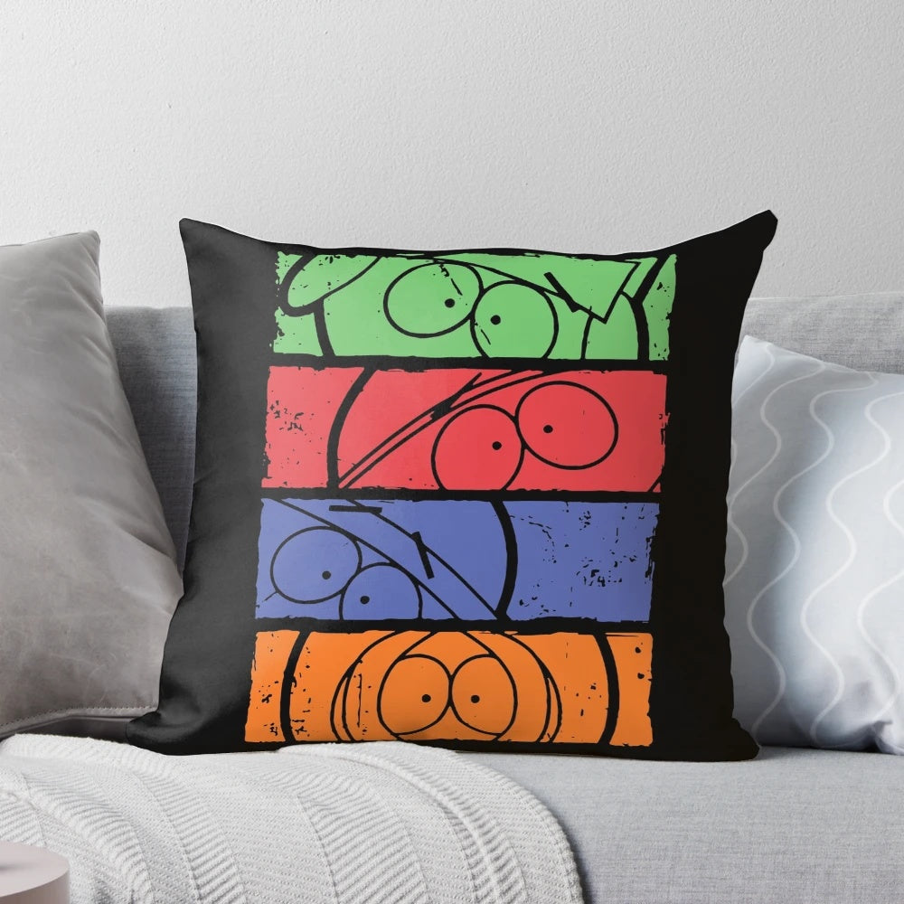 Minimalist South Park Characters Pillow with Iconic Cartoon Faces of Eric Cartman, Kyle Broflovski, Kenny McCormick, and Stan Marsh
