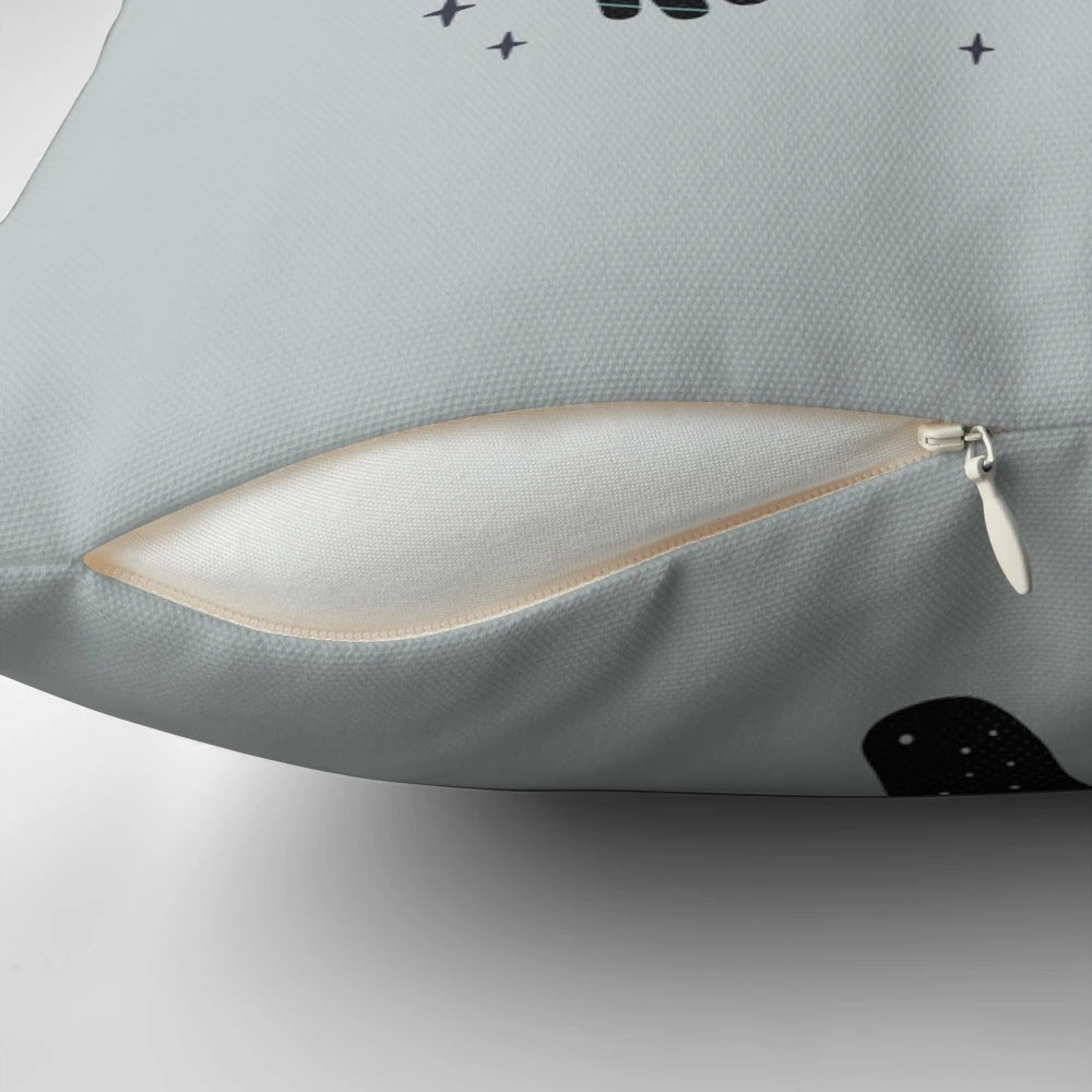 Minimalist space-themed pillow with a celestial design featuring planets, moons, and stars