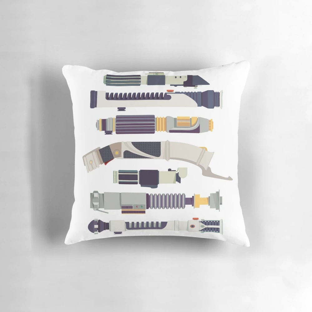 A minimalist, flat design Star Wars pillow featuring a lightsaber motif.