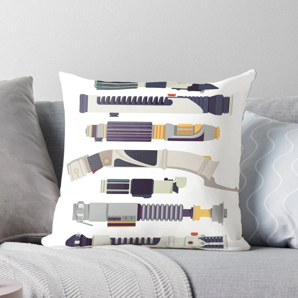 A minimalist, flat design Star Wars pillow featuring a lightsaber motif.