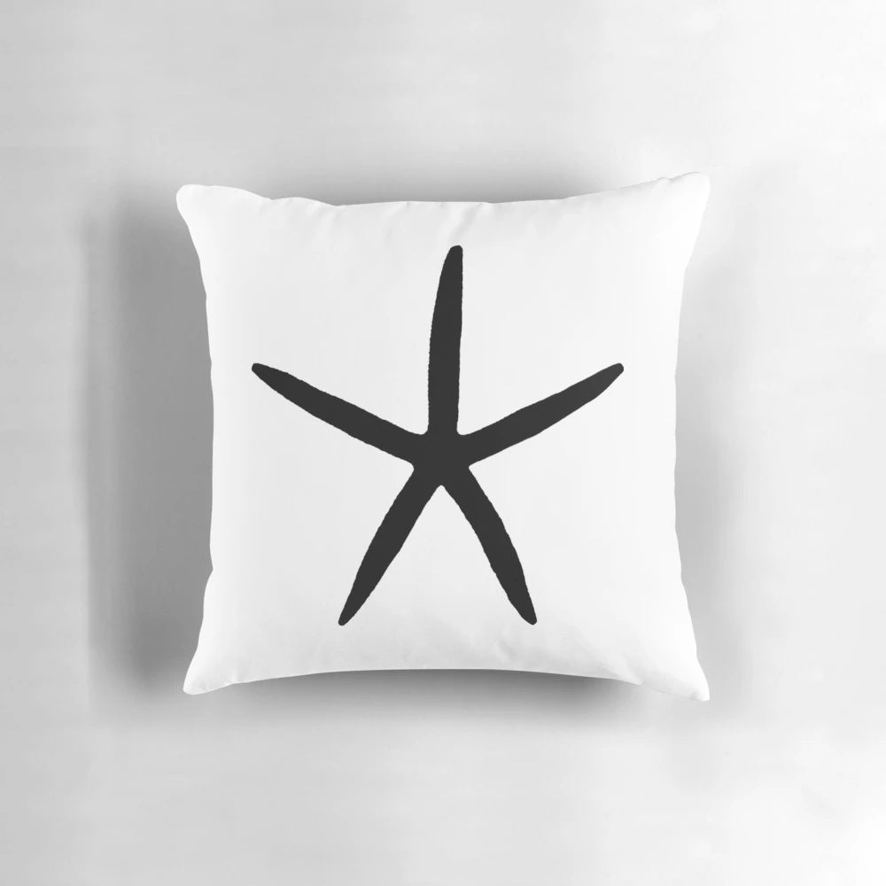 Monochrome starfish coastal throw pillow in black and white