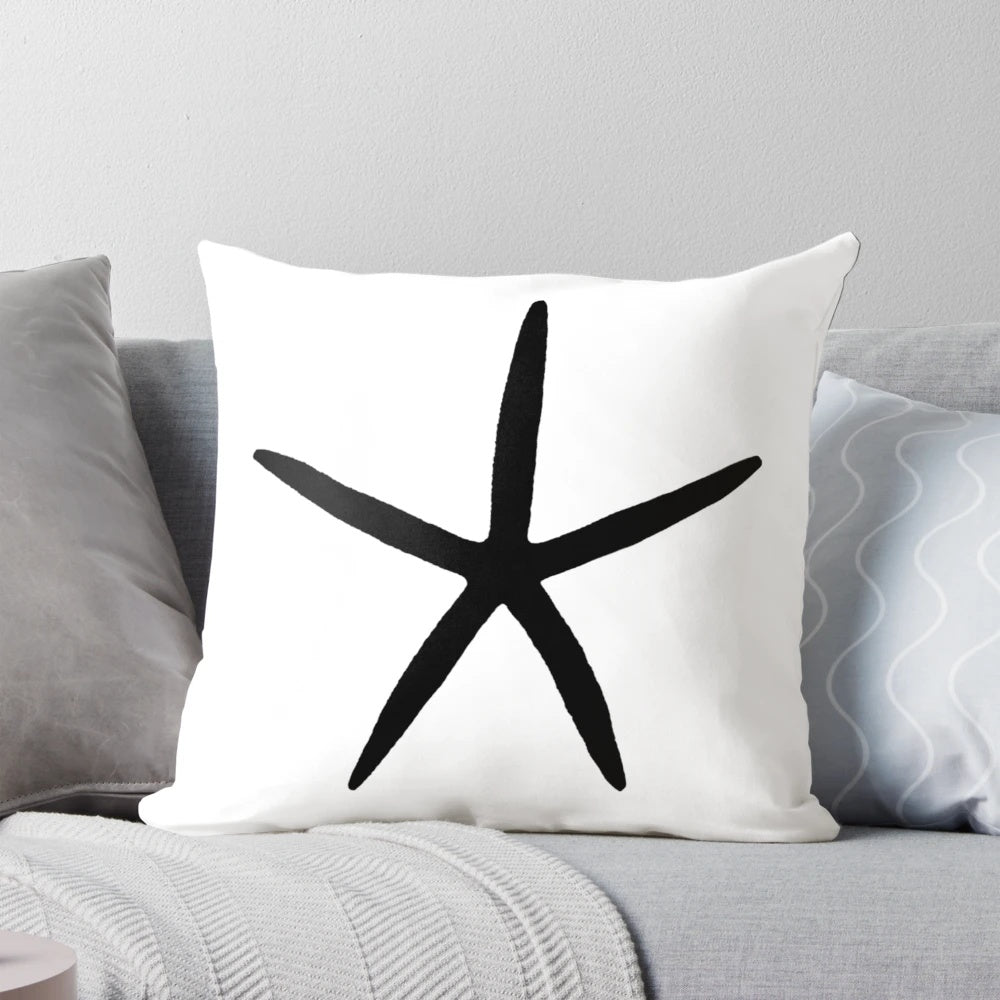 Monochrome starfish coastal throw pillow in black and white