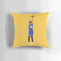 Minimalist cartoon illustration of basketball player Steph Curry on a soft, plush pillow