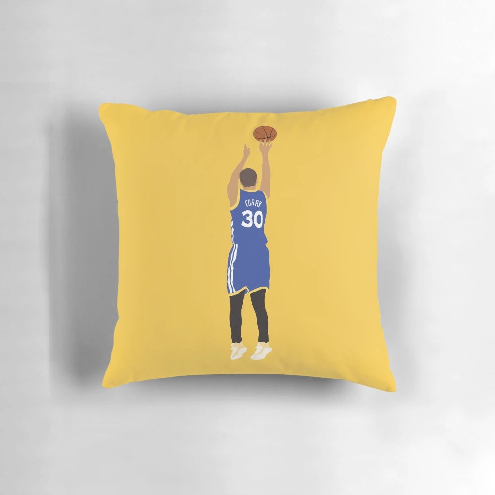 Minimalist cartoon illustration of basketball player Steph Curry on a soft, plush pillow