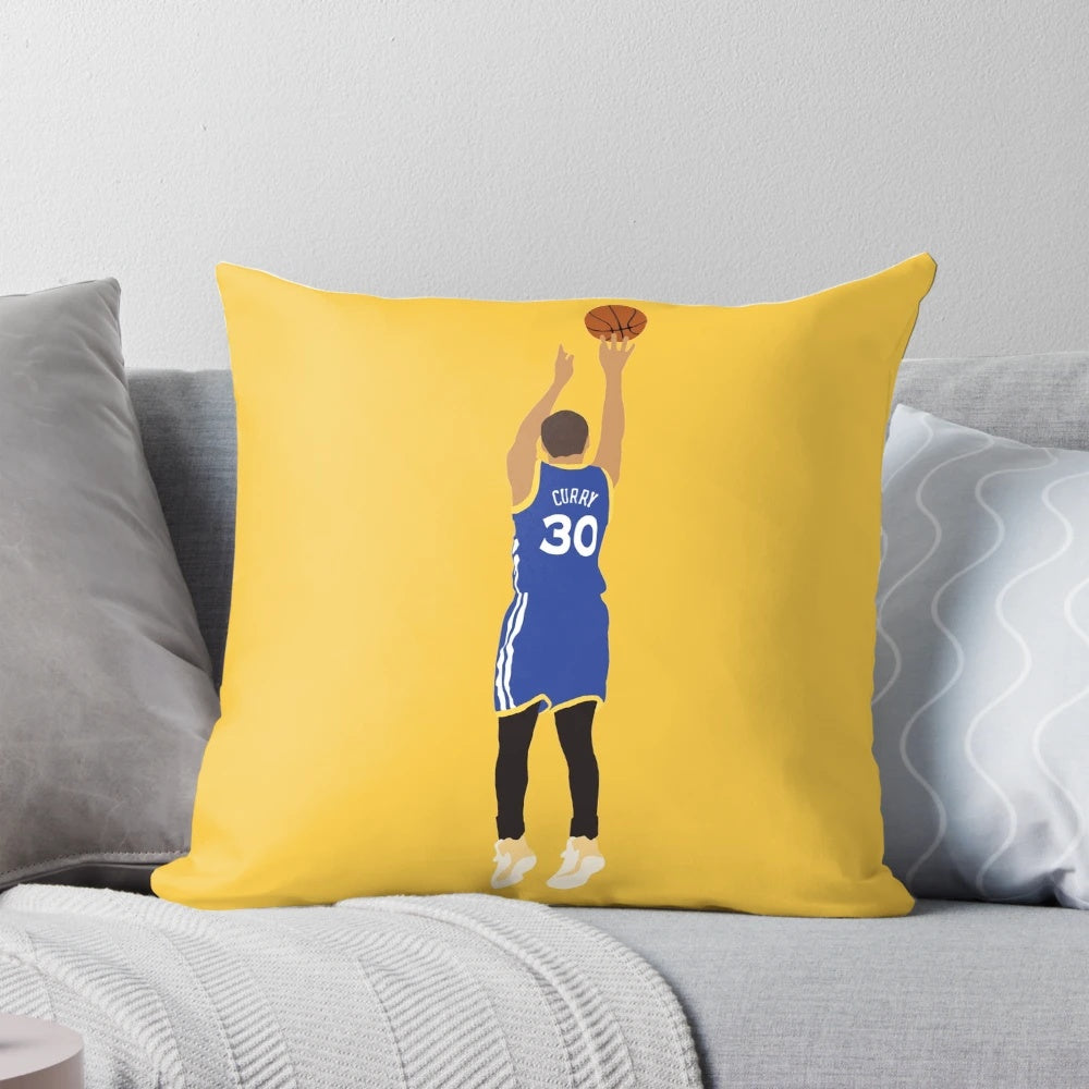 Minimalist cartoon illustration of basketball player Steph Curry on a soft, plush pillow