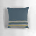 Minimalist striped pillow in a modern color block design featuring mustard yellow, grey, and navy blue tones.