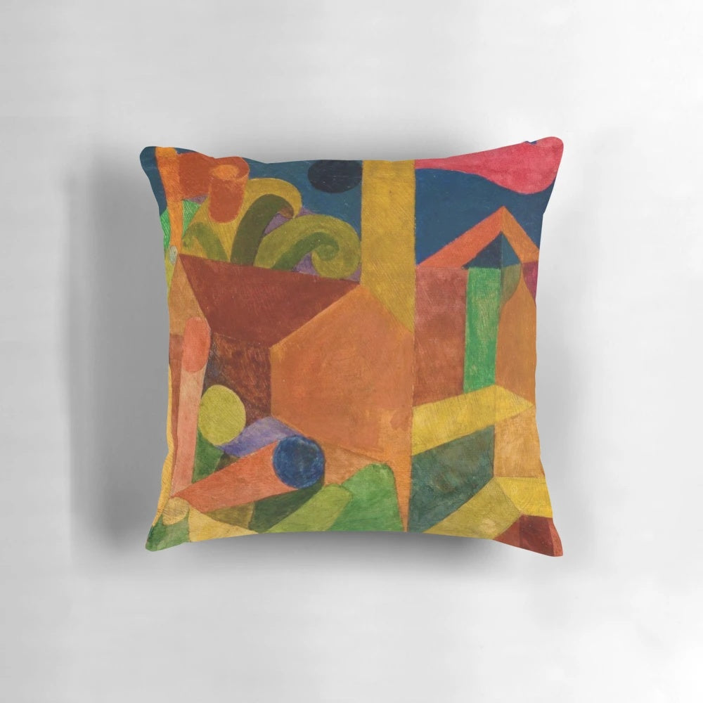 Abstract landscape throw pillow inspired by the artwork of artist Paul Klee, featuring a childlike, minimalist design with colorful flags.