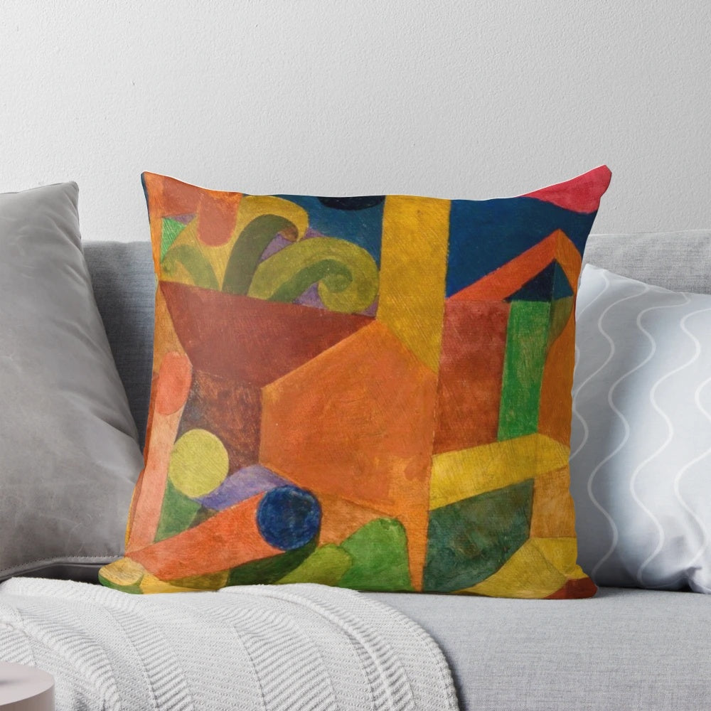 Abstract landscape throw pillow inspired by the artwork of artist Paul Klee, featuring a childlike, minimalist design with colorful flags.