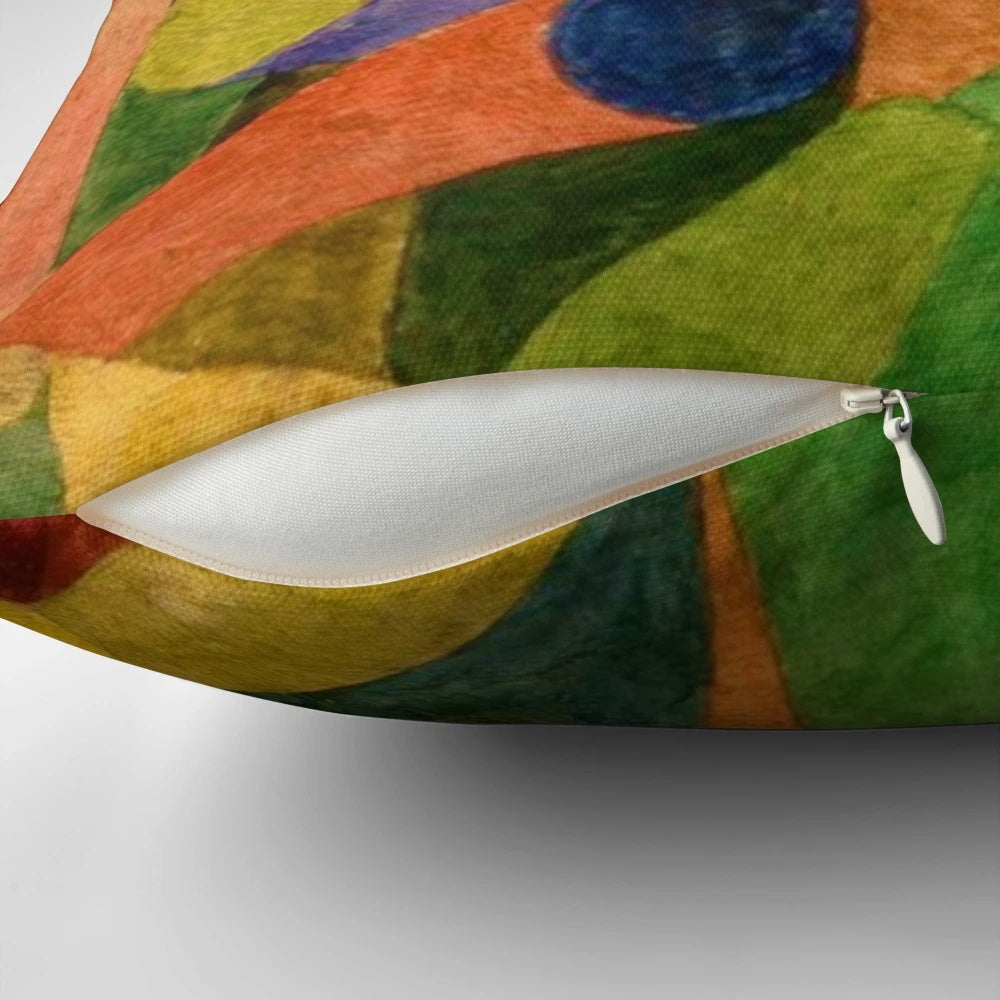 Abstract landscape throw pillow inspired by the artwork of artist Paul Klee, featuring a childlike, minimalist design with colorful flags.