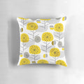 A decorative yellow pillow with a nature-inspired geometric pattern, perfect for Scandinavian-style modern interiors.