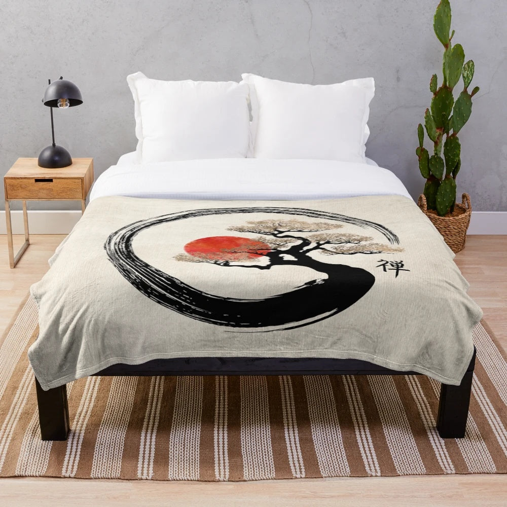 Enso circle and bonsai tree minimalist wall art plush blanket