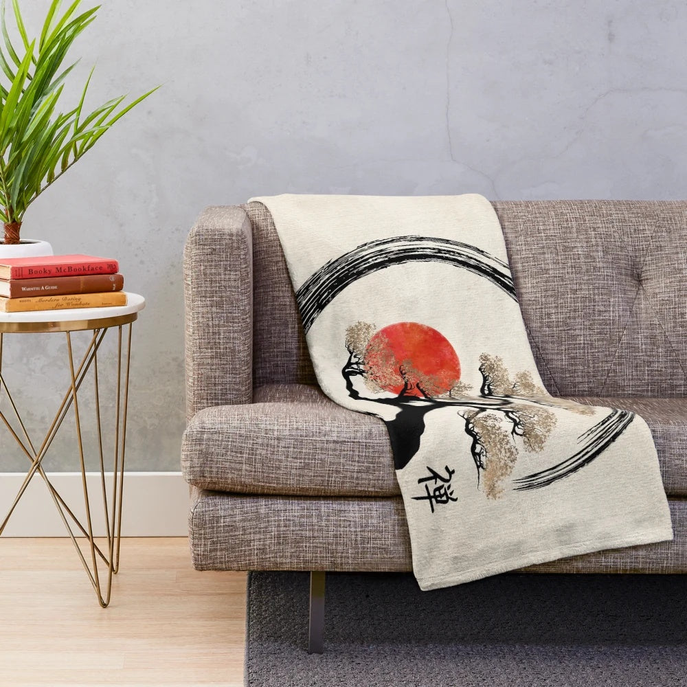 Enso circle and bonsai tree minimalist wall art plush blanket