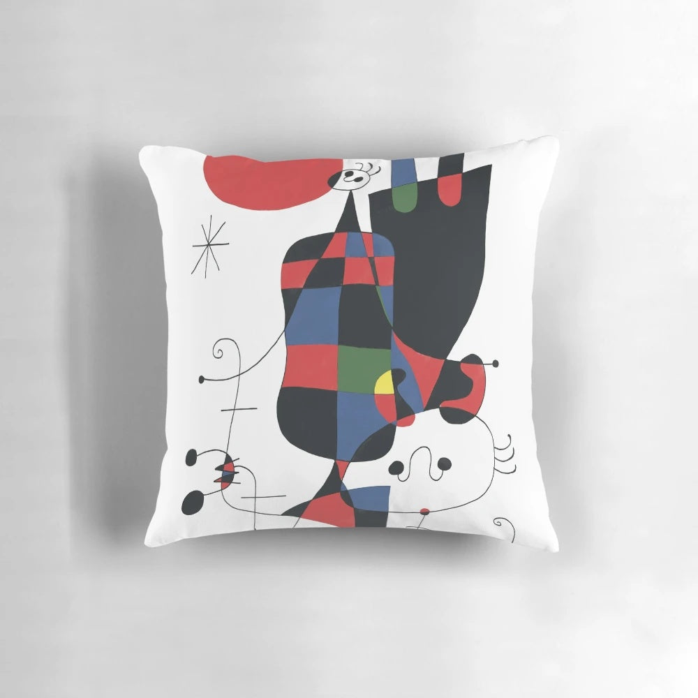 Minimalistic abstract art pillow with black lines, inspired by the iconic paintings of artist Joan Mirò.