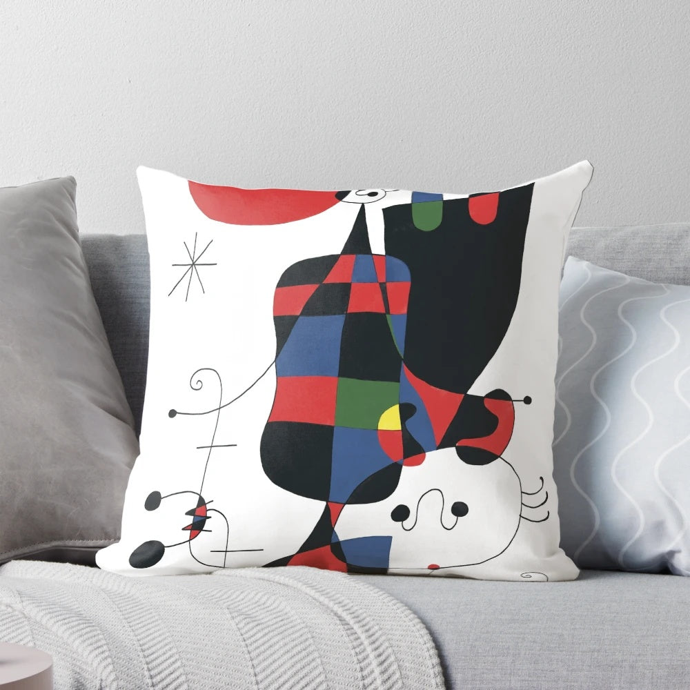 Minimalistic abstract art pillow with black lines, inspired by the iconic paintings of artist Joan Mirò.