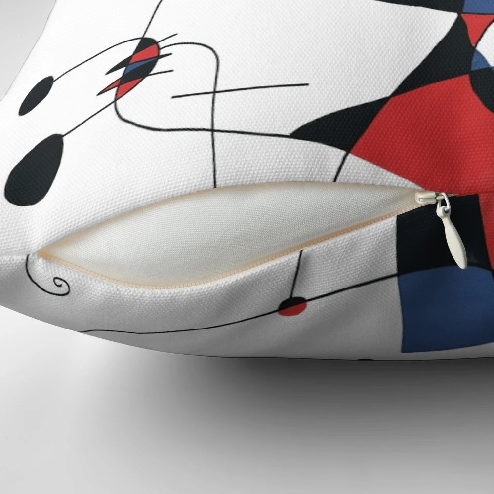 Minimalistic abstract art pillow with black lines, inspired by the iconic paintings of artist Joan Mirò.