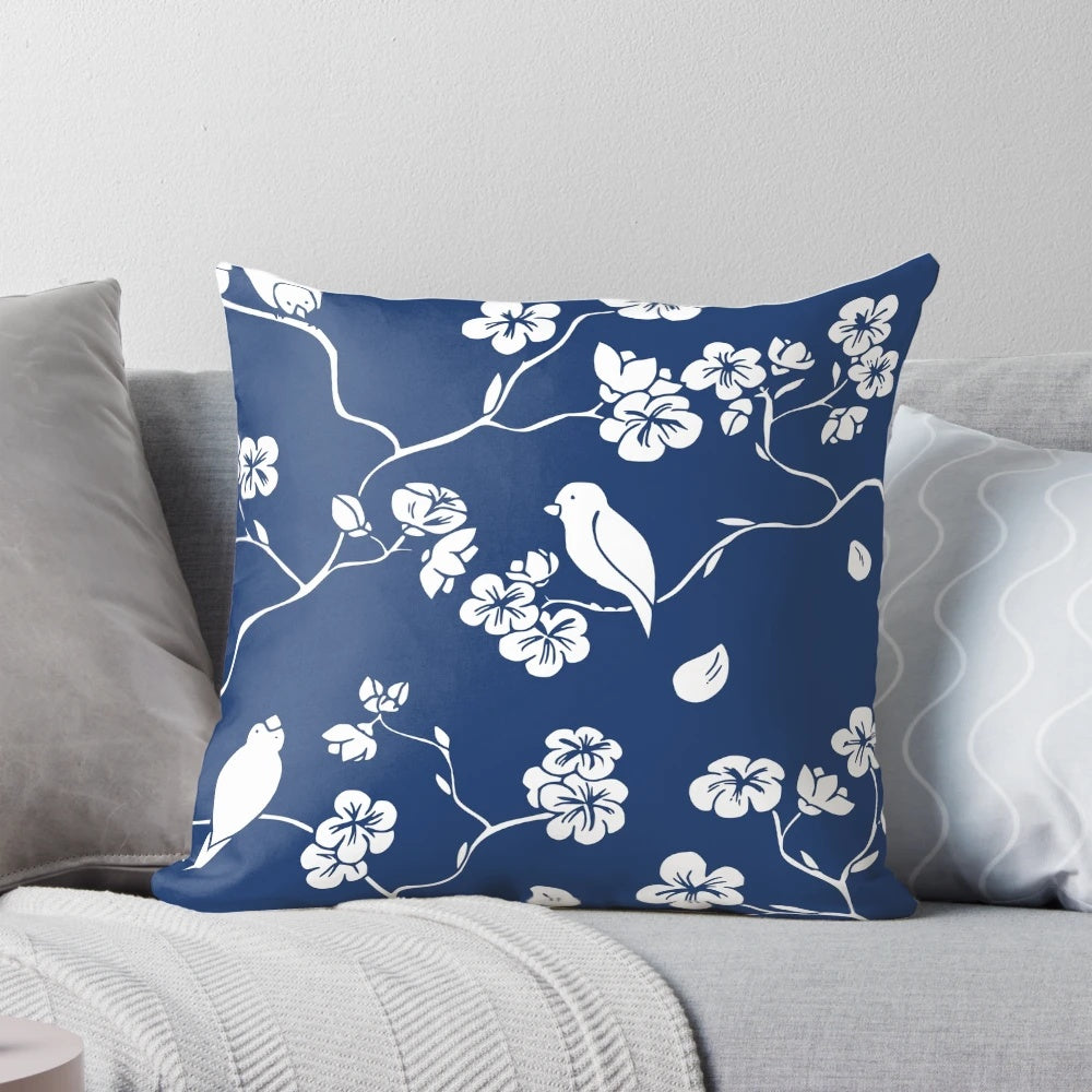 Minimalistic blue cherry blossom pattern plate design Pillow