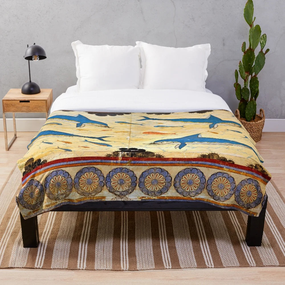Minoan Dolphins Plush Blanket - Vibrant Ancient Greek Décor
