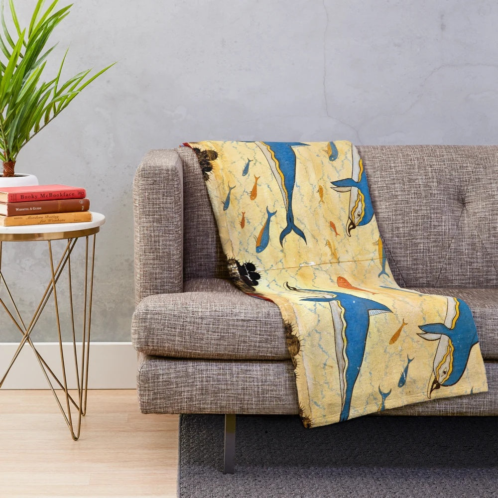 Minoan Dolphins Plush Blanket - Vibrant Ancient Greek Décor