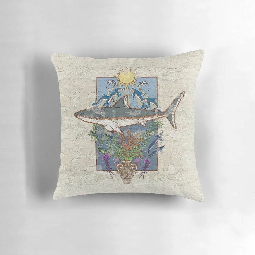 Minoan fresco-inspired pillow featuring a great white shark and other marine life