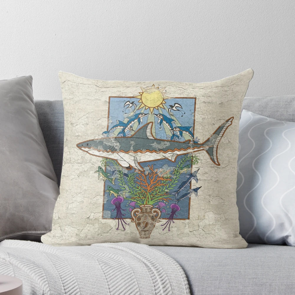 Minoan fresco-inspired pillow featuring a great white shark and other marine life
