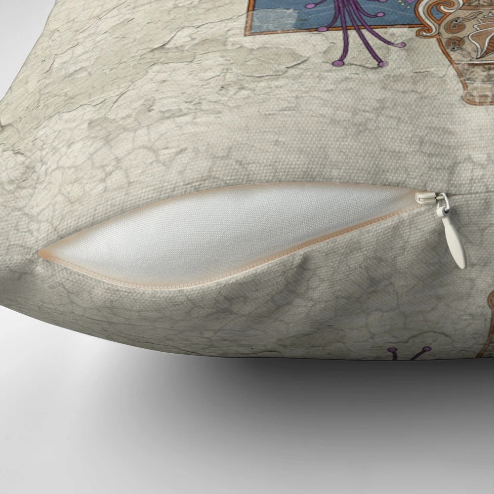 Minoan fresco-inspired pillow featuring a great white shark and other marine life