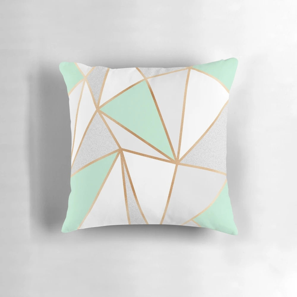 Mint green, grey, and gold geometric patterned decorative pillow for modern home accents