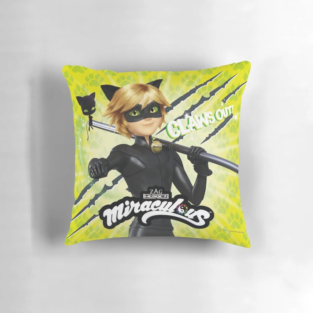 Miraculous Ladybug inspired decorative throw pillow featuring Cat Noir in his "Claws Out" pose