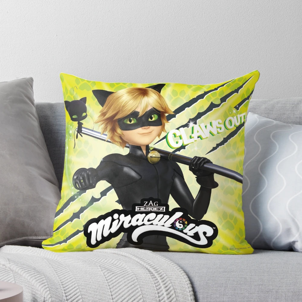 Miraculous Ladybug inspired decorative throw pillow featuring Cat Noir in his "Claws Out" pose
