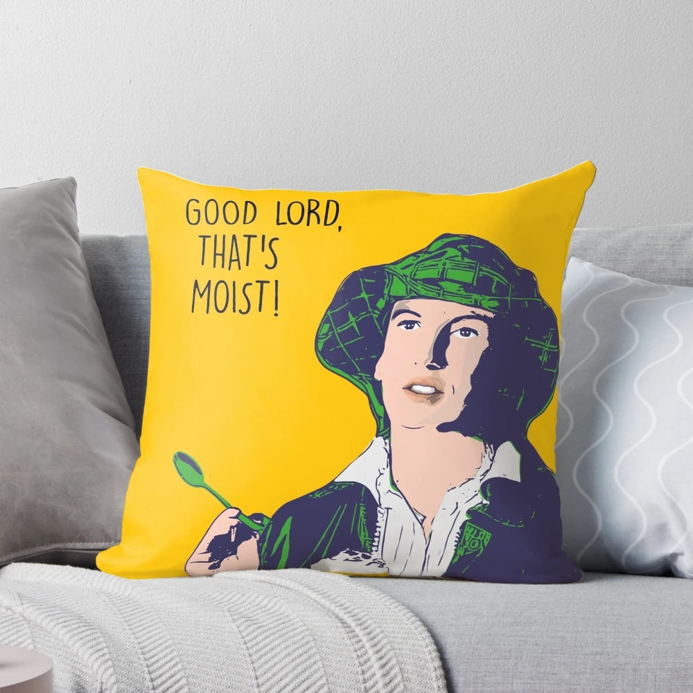 A pop art-style pillow featuring a playful design of comedian Miranda Hart from the British TV show "Miranda".
