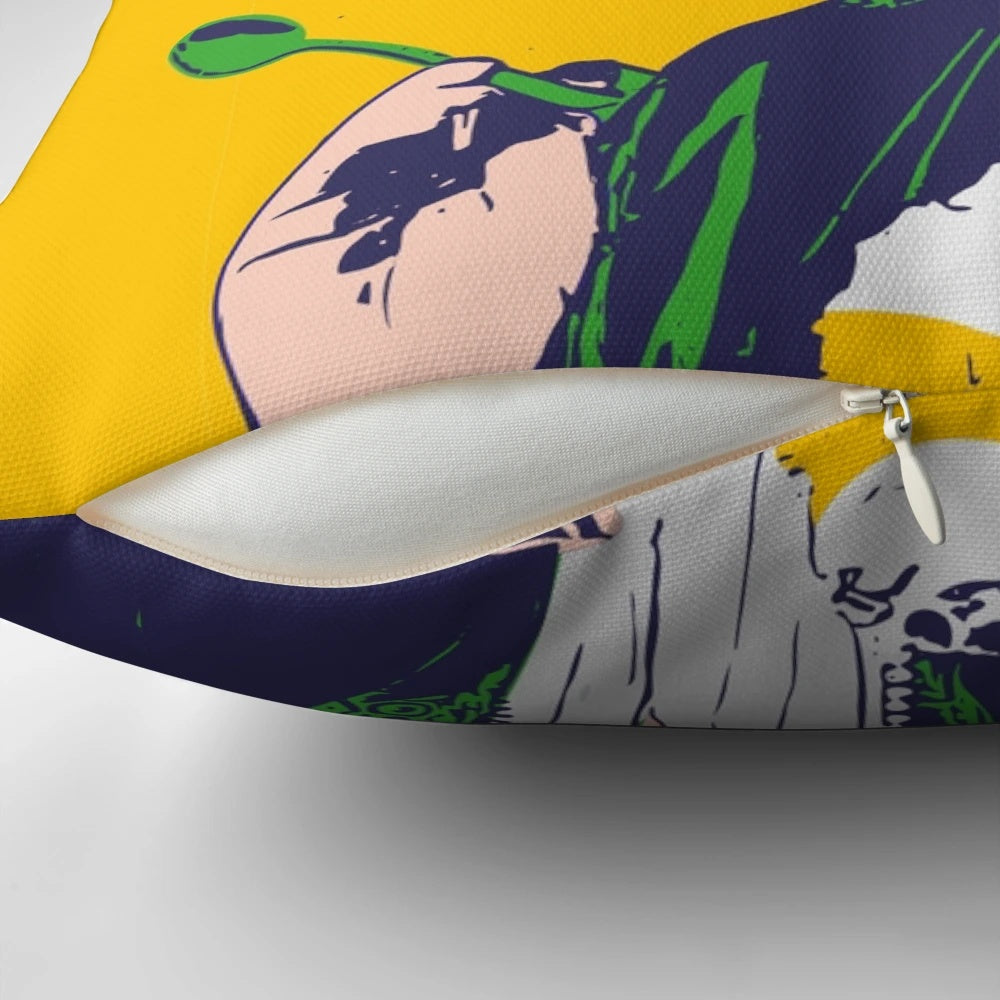 A pop art-style pillow featuring a playful design of comedian Miranda Hart from the British TV show "Miranda".