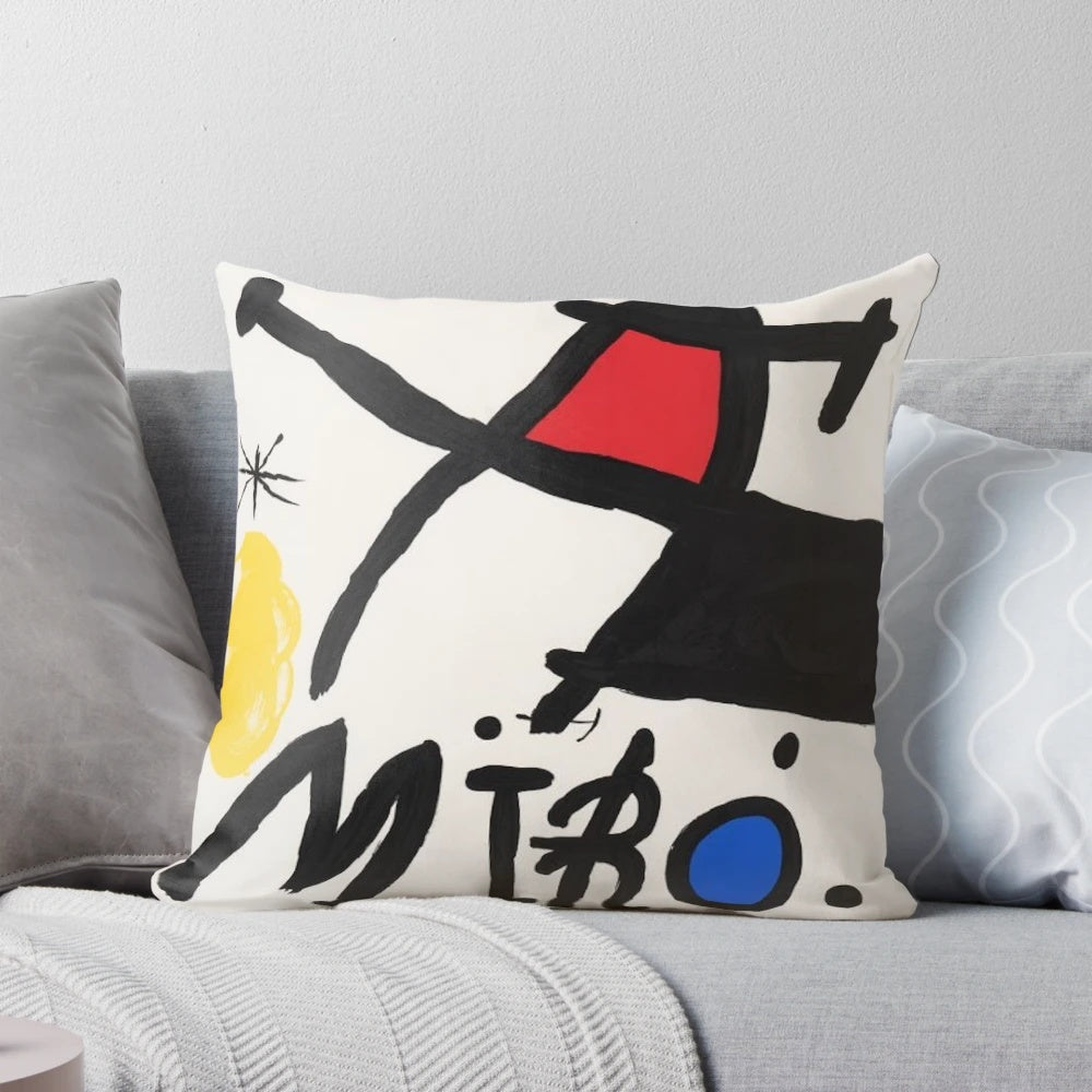Vibrant Miro-inspired abstract decorative pillow featuring bold colors and artistic shapes