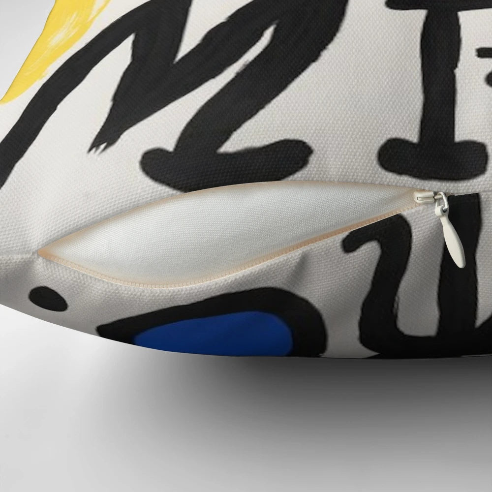 Vibrant Miro-inspired abstract decorative pillow featuring bold colors and artistic shapes