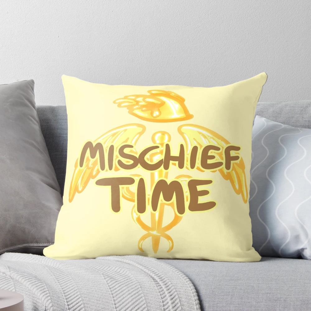 Mischief Time Pillow featuring Hermes' Caduceus symbol and ancient Greek design