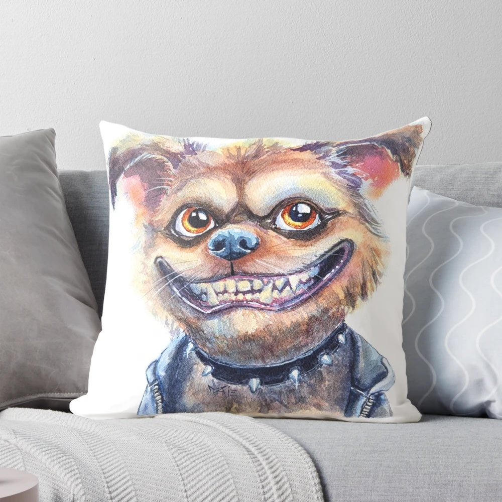Vibrant watercolor painting of a mischievous, grinning dog with a spiked collar and a wild expression