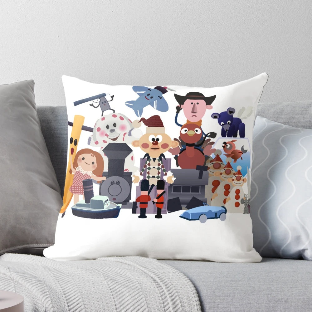Cute and quirky Misfit Toys decorative Christmas pillow with Rudolph the Red-Nosed Reindeer design.
