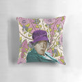 A colorful pillow featuring a whimsical portrait of Miss Marple, the beloved character from Agatha Christie's detective novels.