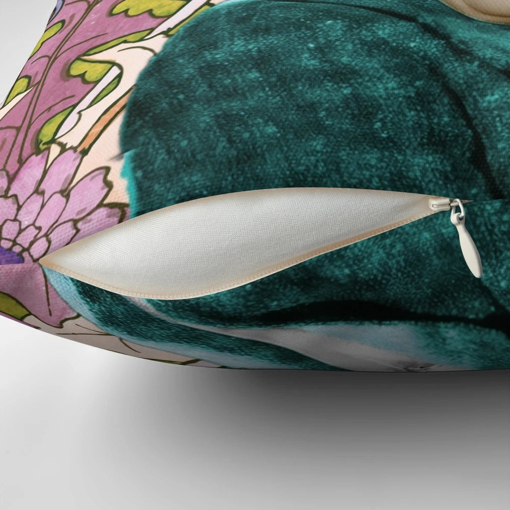 A colorful pillow featuring a whimsical portrait of Miss Marple, the beloved character from Agatha Christie's detective novels.
