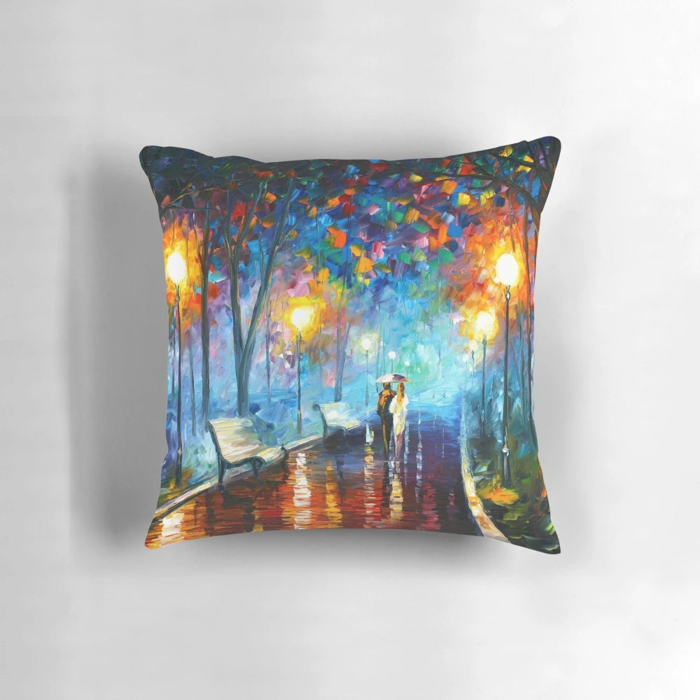Soft, decorative pillow featuring a misty, autumnal forest landscape, inspired by the vibrant paintings of artist Leonid Afremov.