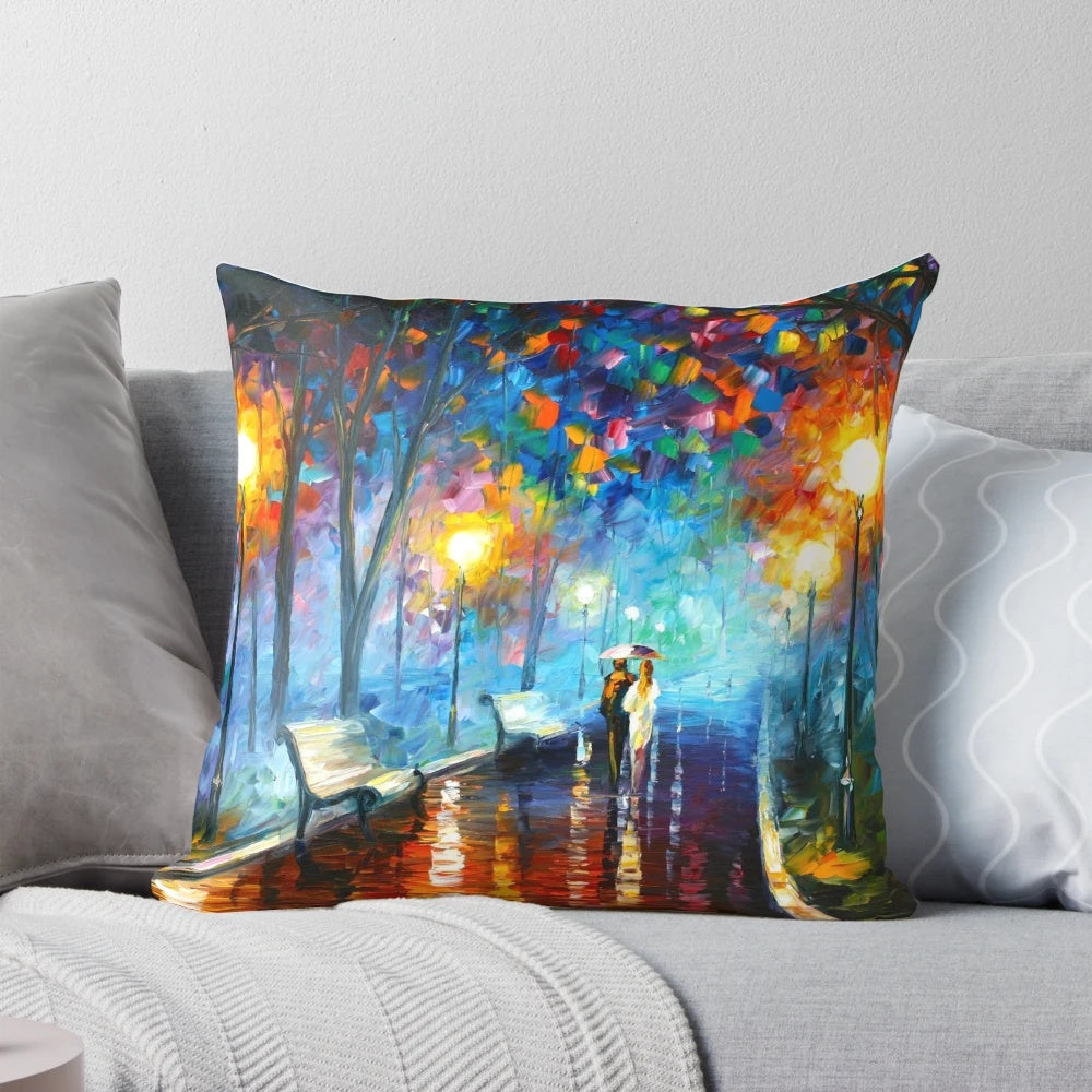 Soft, decorative pillow featuring a misty, autumnal forest landscape, inspired by the vibrant paintings of artist Leonid Afremov.