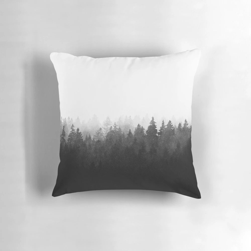 Pillow featuring a misty, romantic forest scene with Cascadia trees and dreamy fog, perfect for a forestpunk or fairytale-inspired home decor.