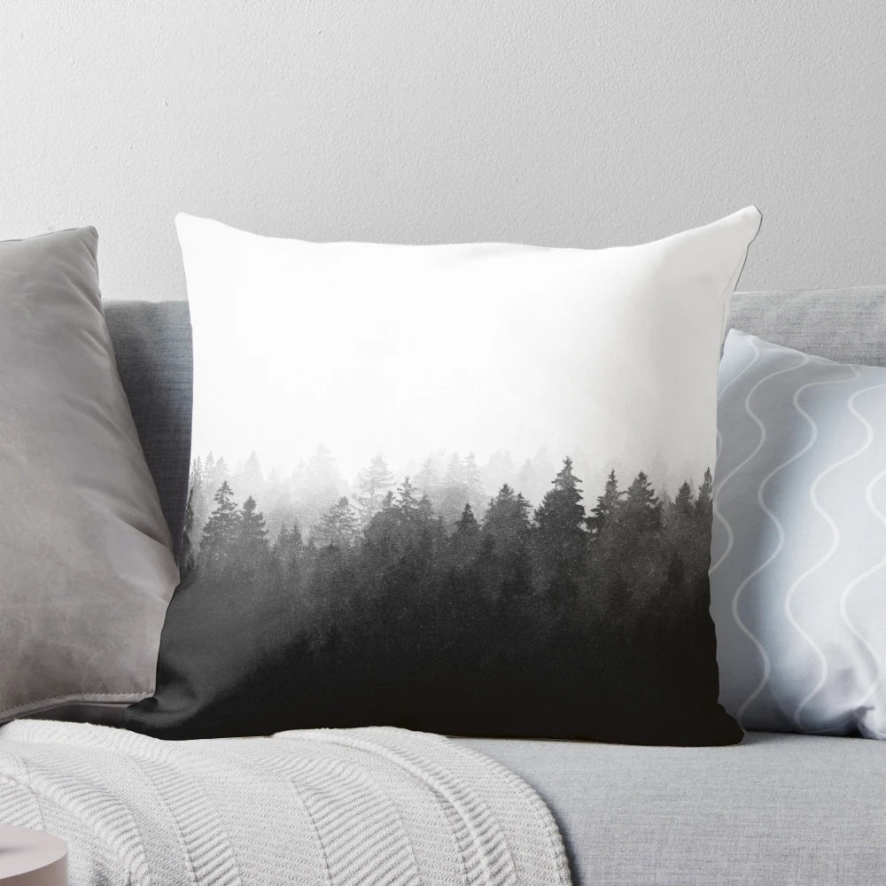 Pillow featuring a misty, romantic forest scene with Cascadia trees and dreamy fog, perfect for a forestpunk or fairytale-inspired home decor.