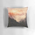 Pillow with a dreamy, misty foggy autumn forest scene featuring trees and mountains.