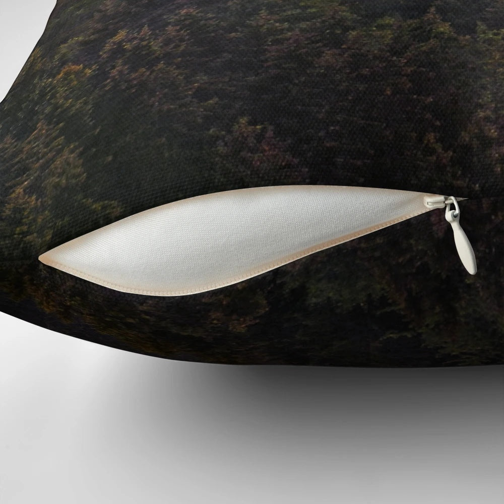 Pillow with a dreamy, misty foggy autumn forest scene featuring trees and mountains.