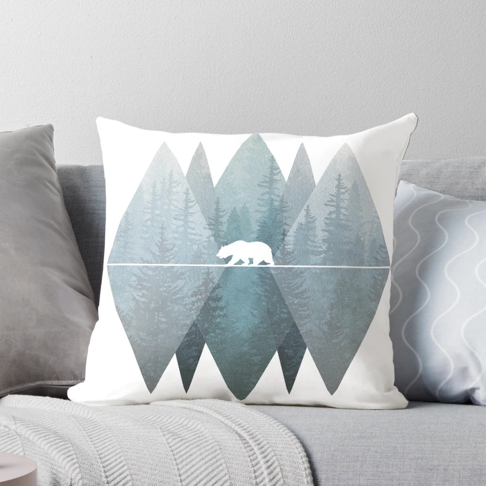 Misty forest mountain bear throw pillow with geometric triangle design in nature landscape