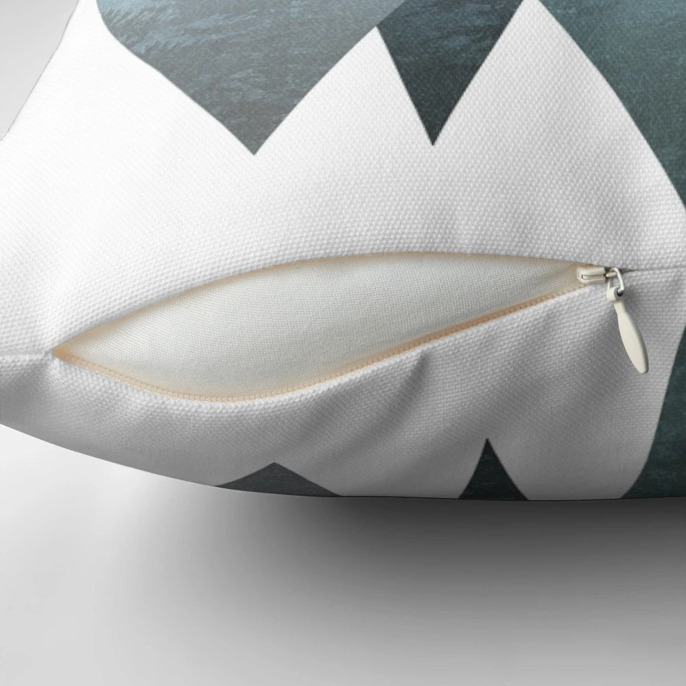 Misty forest mountain bear throw pillow with geometric triangle design in nature landscape