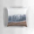 Autumn wilderness forest pillow with misty morning landscape and fog