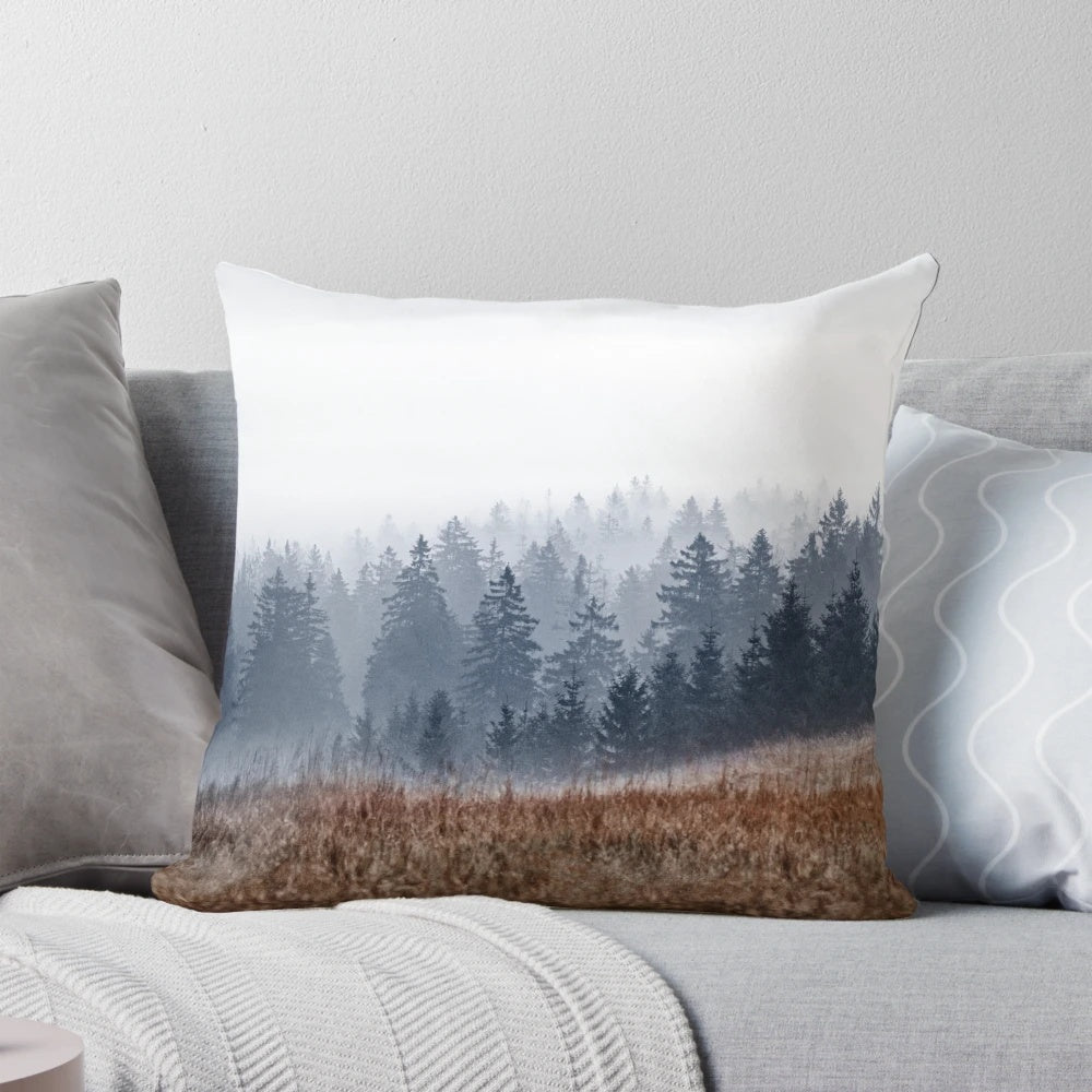 Autumn wilderness forest pillow with misty morning landscape and fog