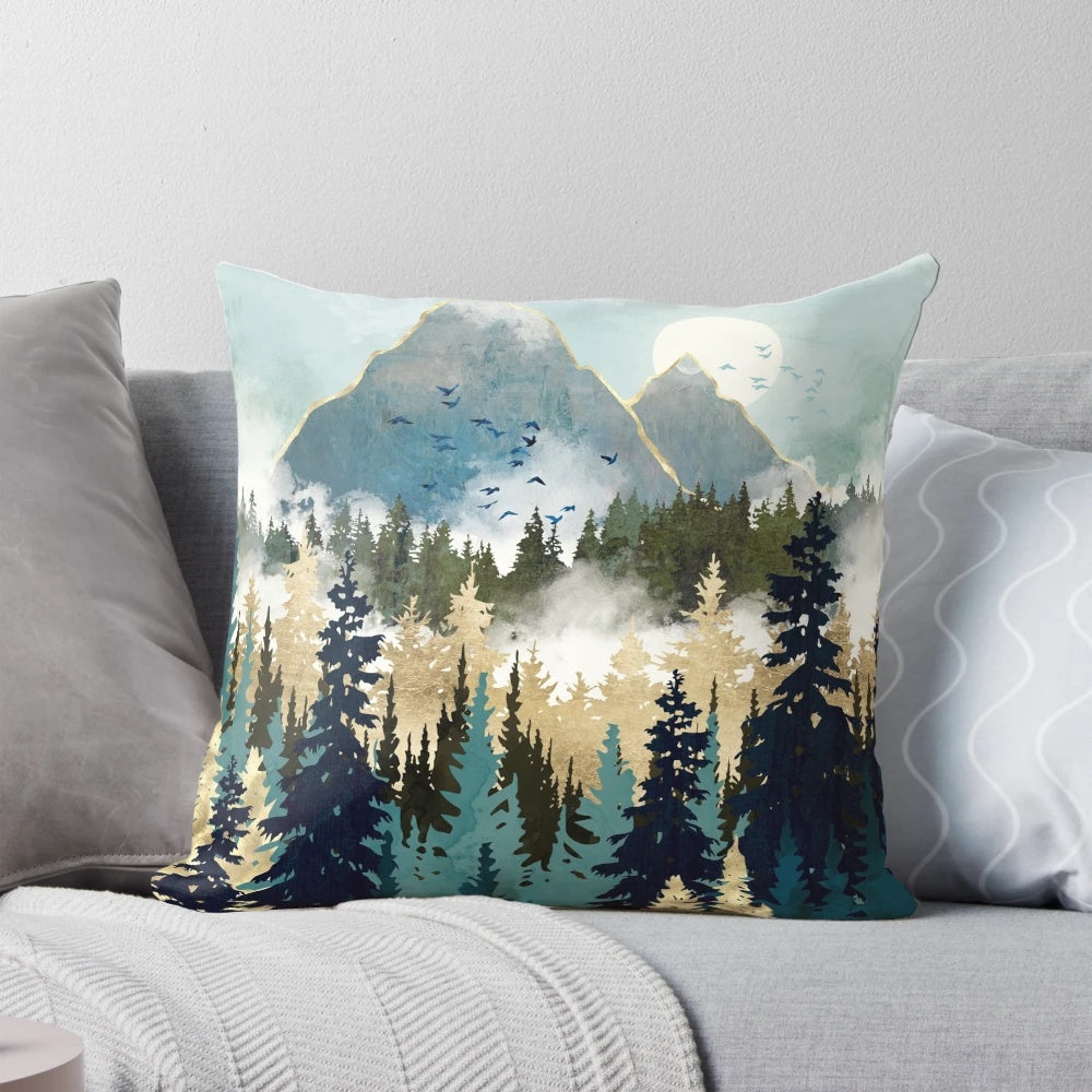 Misty pine forest landscape printed on a soft, contemporary pillow for cozy, boho inspired home decor.